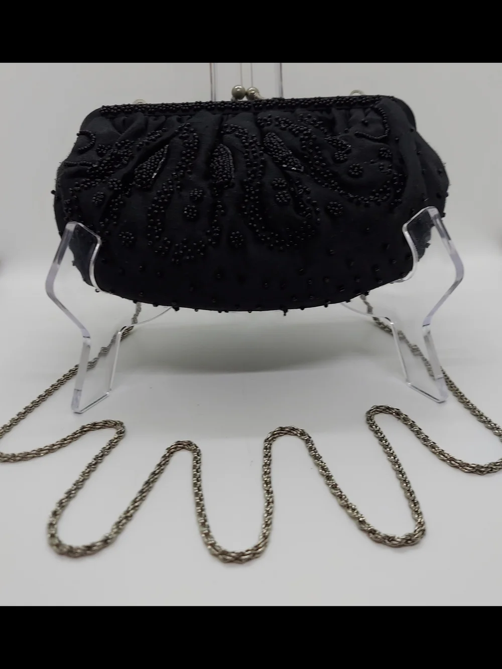 La Regale Black Satin Beaded Convertible Evening Clutch With Chain Strap
